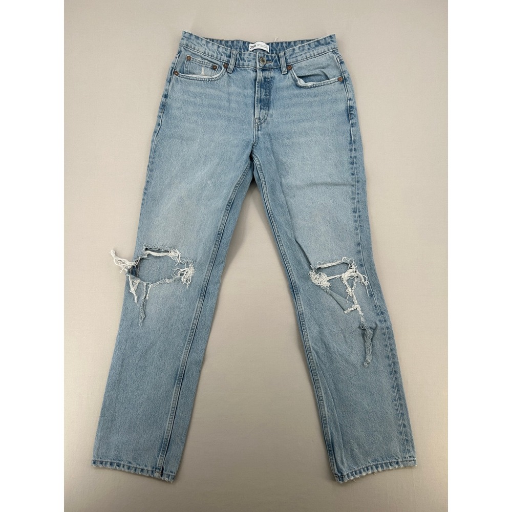 Zara High Waisted Straight Leg Distressed Jeans Light Wash Blue Size 8